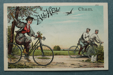 AK Cham / 1897 / Männer und Frau auf Fahrrad / Strassenansicht / All Heil